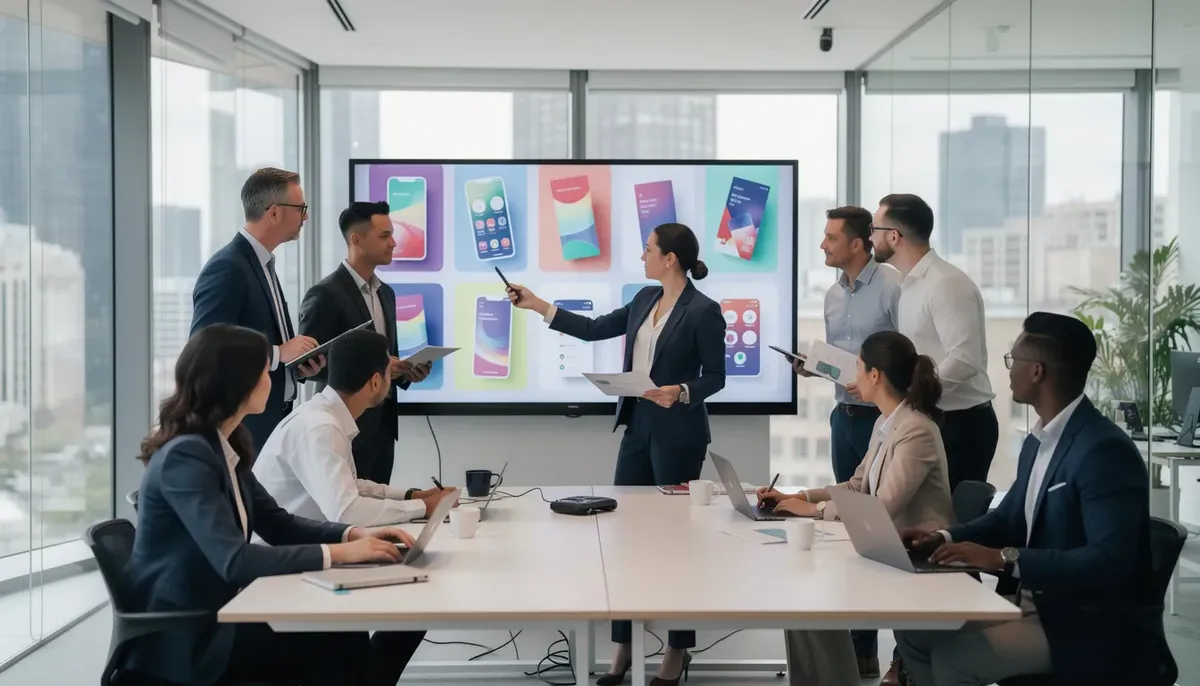 A group of business professionals is gathered in a modern office, intently reviewing product mockups displayed on a large screen. The scene captures a collaborative atmosphere focused on concept testing, where team members discuss multiple concepts and gather actionable insights for effective product development.