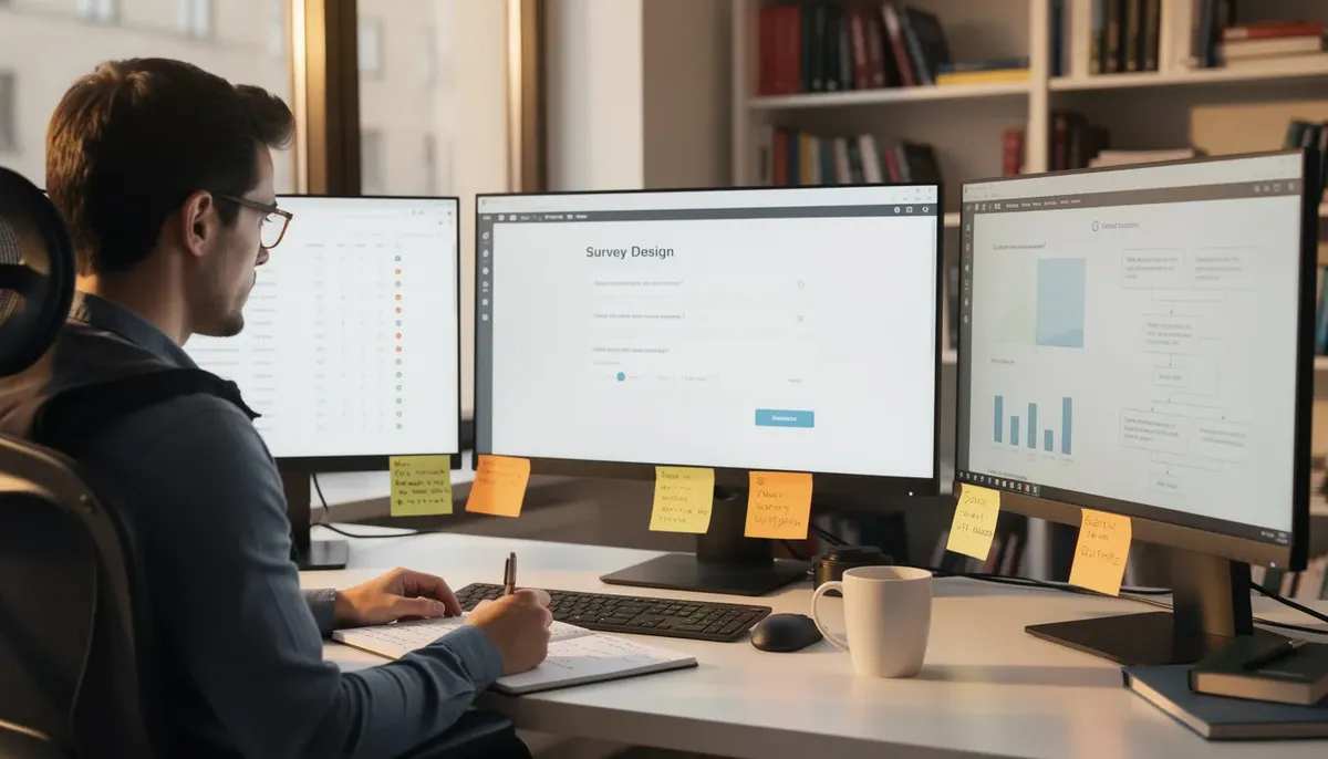 A researcher is intently reviewing a survey design on multiple computer screens, focusing on how to avoid response bias and ensure accurate data collection. The screens display various survey questions and data analysis tools, highlighting the importance of addressing social desirability bias and other factors that can influence survey responses.